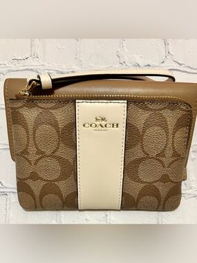 Coach Monogram Canvas Corner Wristlet with White Leather Trim (NWOT)